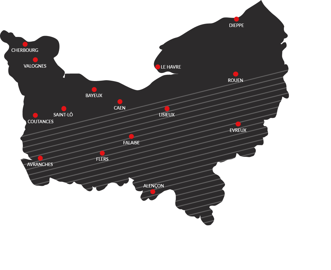 Carte de Normandie avec villes principales marquées.